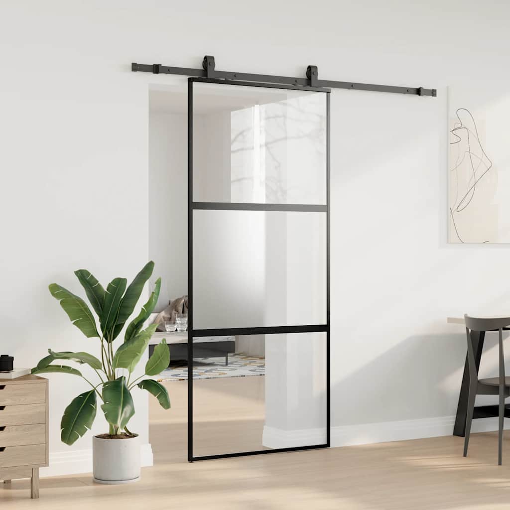 fekete edzett üveg tolóajtó fémszerelék szettel 90x205 cm
