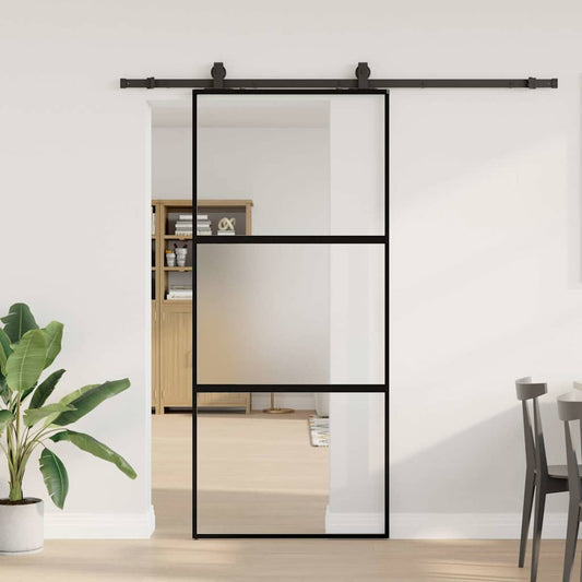 fekete edzett üveg tolóajtó fémszerelék szettel 90x205 cm