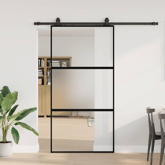 fekete edzett üveg tolóajtó fémszerelék szettel 102,5x205 cm
