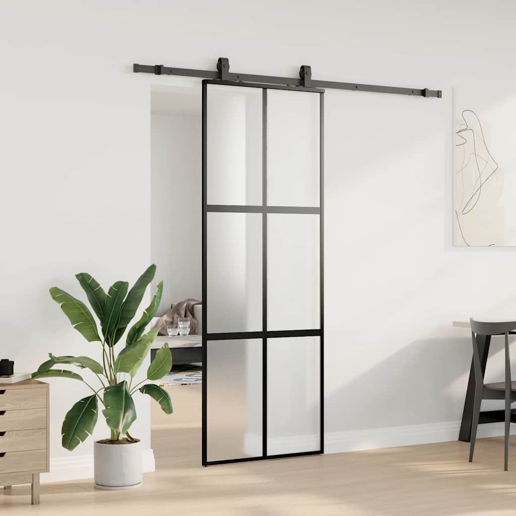 fekete edzett üveg tolóajtó fémszerelék szettel 76x205 cm