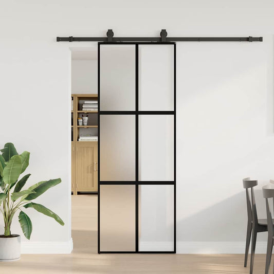 fekete edzett üveg tolóajtó fémszerelék szettel 76x205 cm