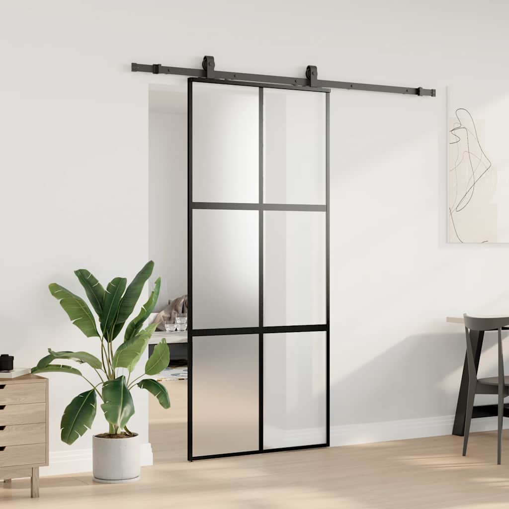 fekete edzett üveg tolóajtó fémszerelék szettel 90x205 cm