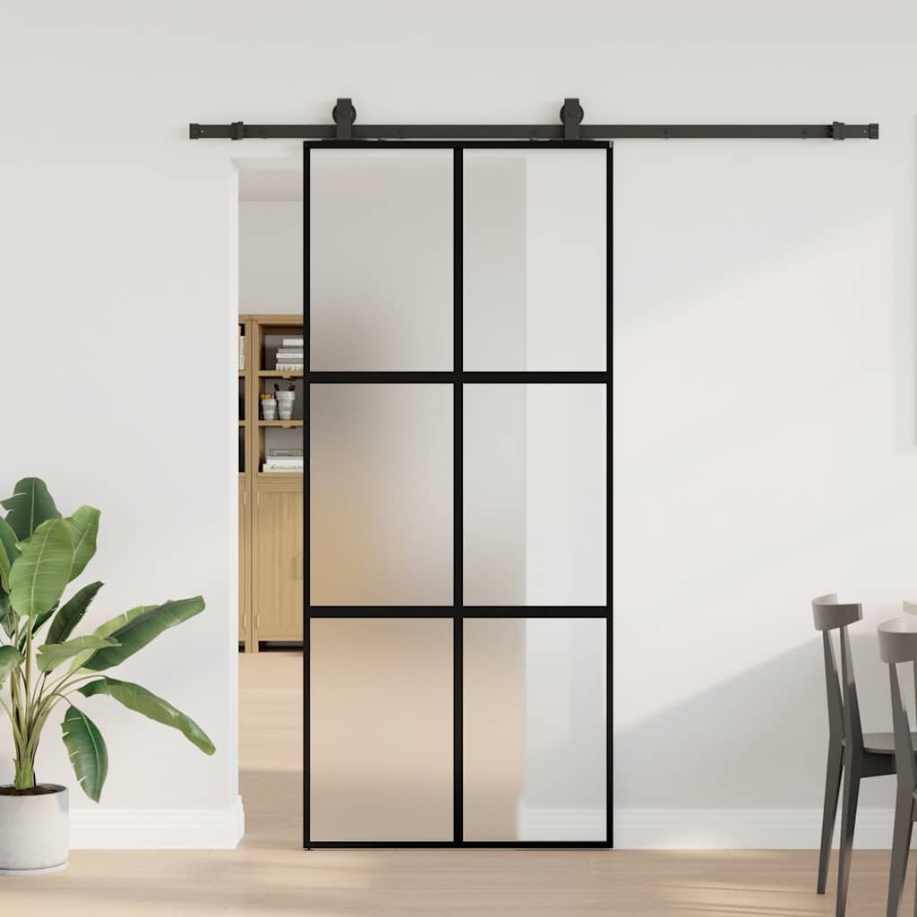fekete edzett üveg tolóajtó fémszerelék szettel 90x205 cm