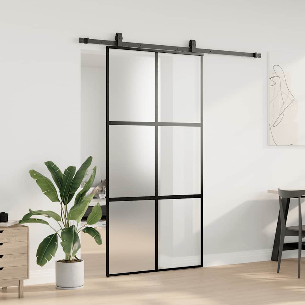 fekete edzett üveg tolóajtó fémszerelék szettel 102,5x205 cm