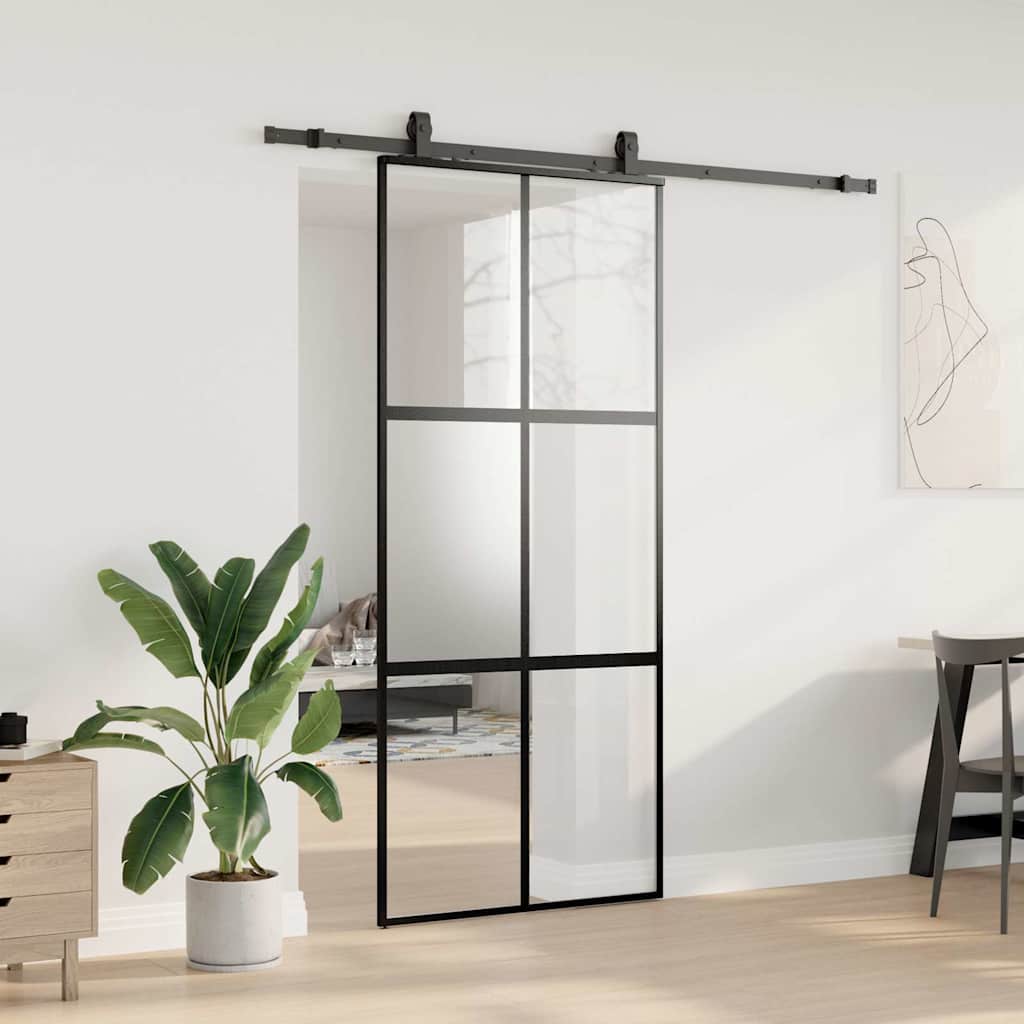 fekete edzett üveg tolóajtó fémszerelék szettel 90x205 cm