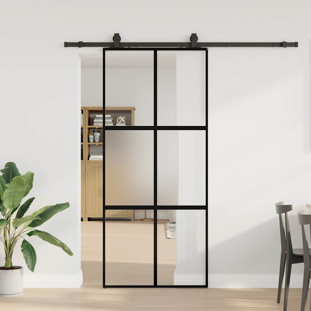 fekete edzett üveg tolóajtó fémszerelék szettel 90x205 cm