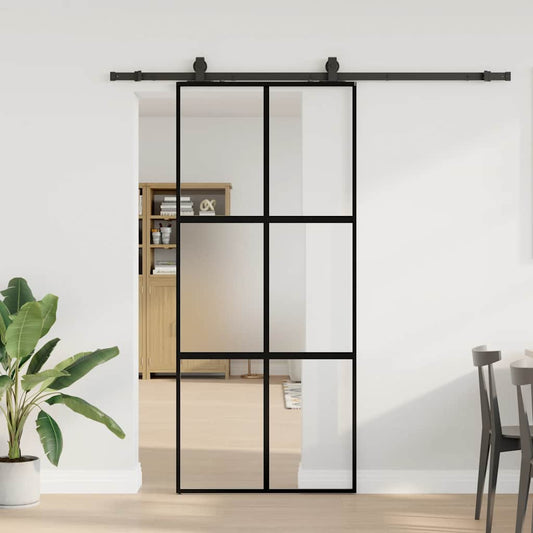 fekete edzett üveg tolóajtó fémszerelék szettel 90x205 cm