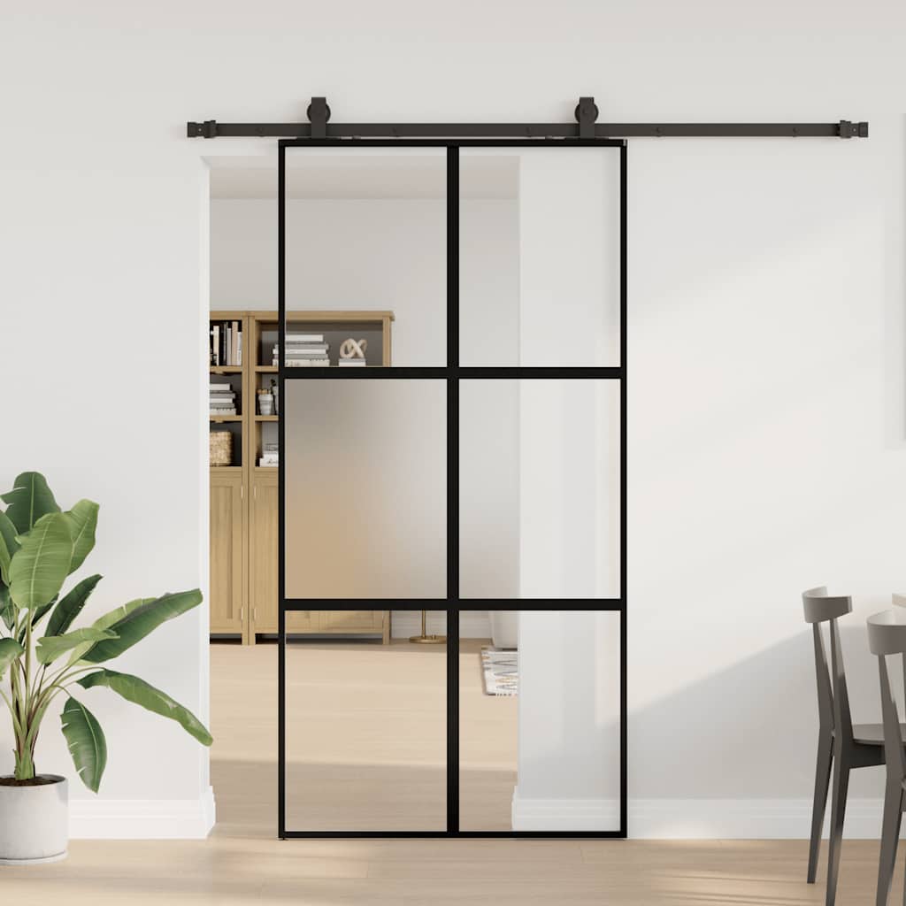 fekete edzett üveg tolóajtó fémszerelék szettel 102,5x205 cm