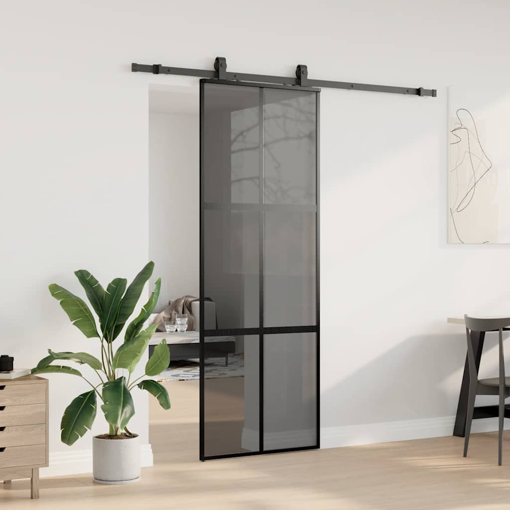 fekete edzett üveg tolóajtó fémszerelék szettel 76x205 cm
