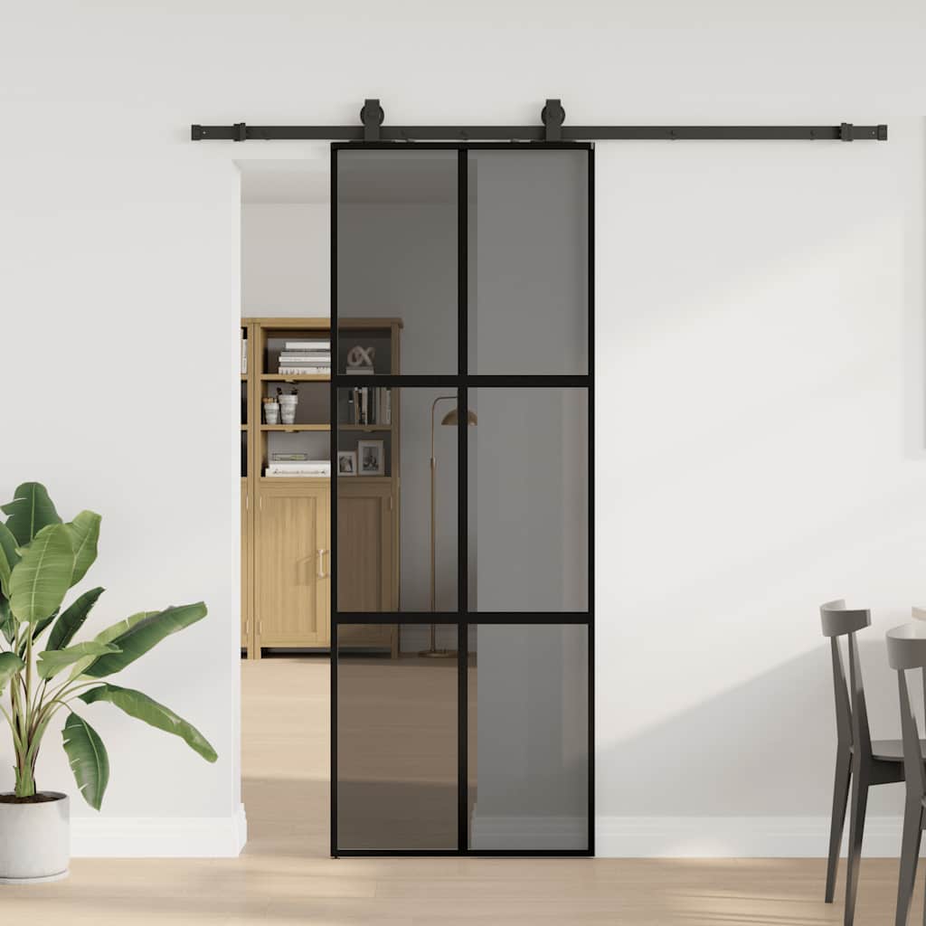 fekete edzett üveg tolóajtó fémszerelék szettel 76x205 cm