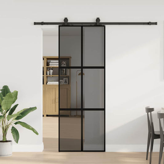 fekete edzett üveg tolóajtó fémszerelék szettel 76x205 cm