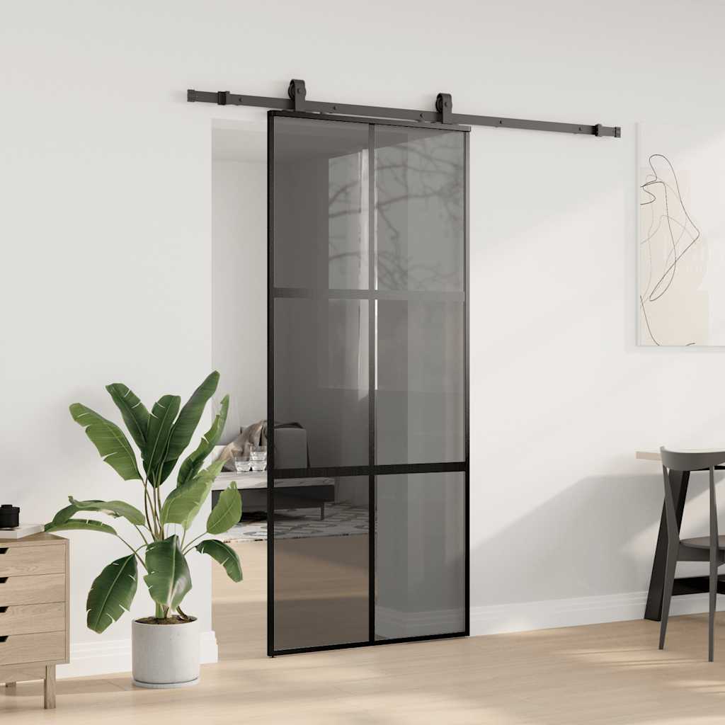 fekete edzett üveg tolóajtó fémszerelék szettel 90x205 cm