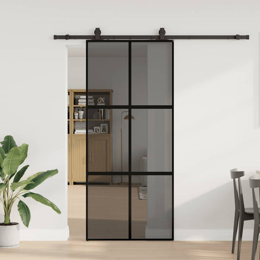 fekete edzett üveg tolóajtó fémszerelék szettel 90x205 cm