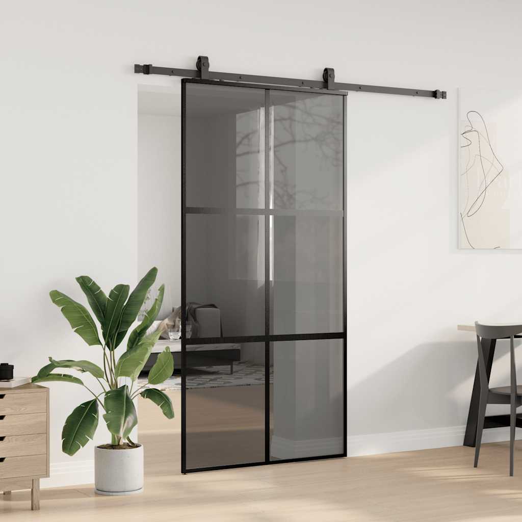 fekete edzett üveg tolóajtó fémszerelék szettel 102,5x205 cm