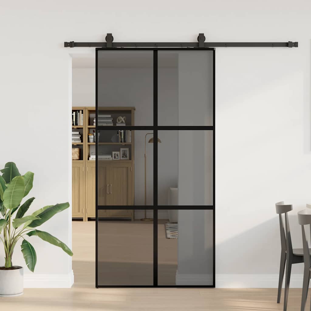fekete edzett üveg tolóajtó fémszerelék szettel 102,5x205 cm