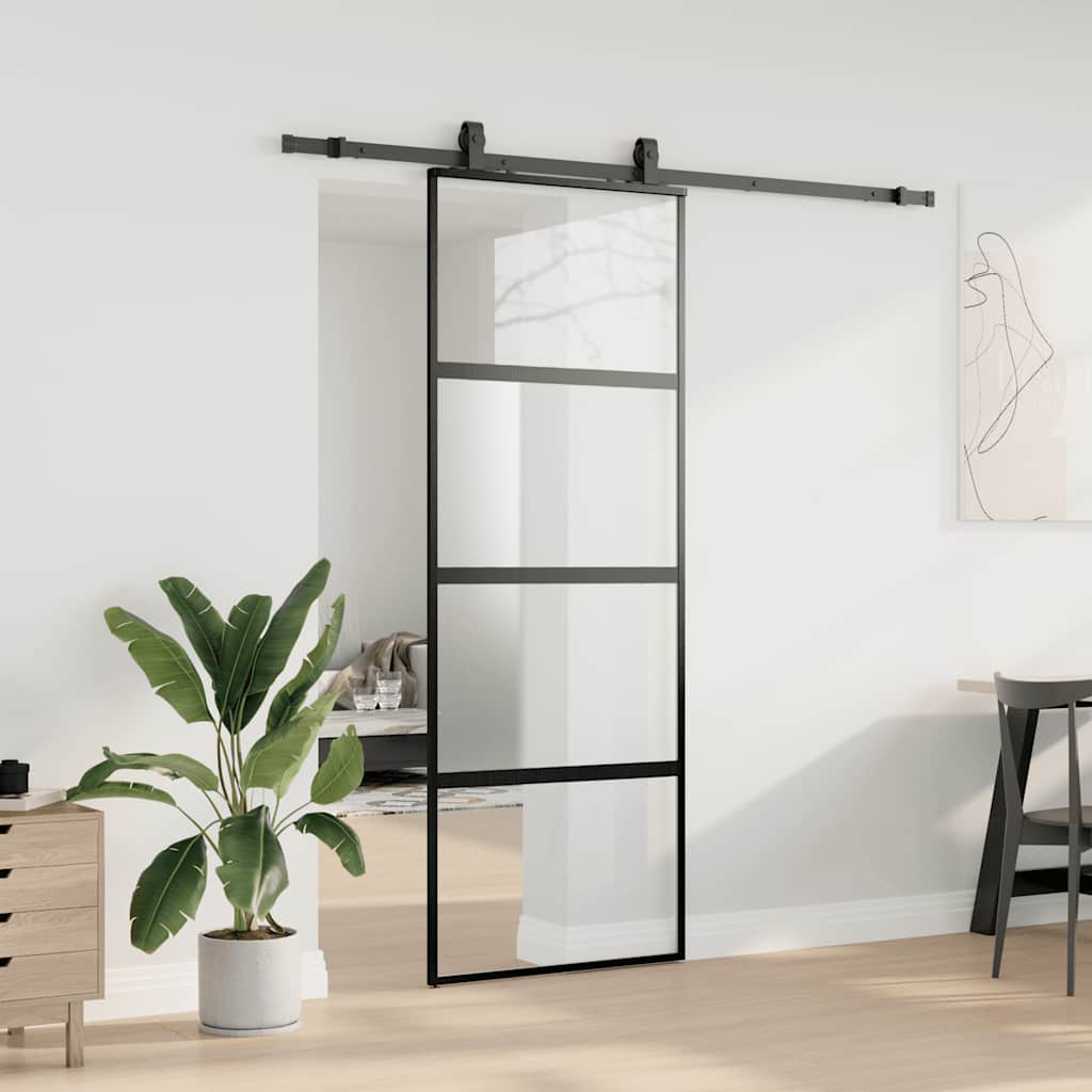 fekete edzett üveg tolóajtó fémszerelék szettel 76x205 cm