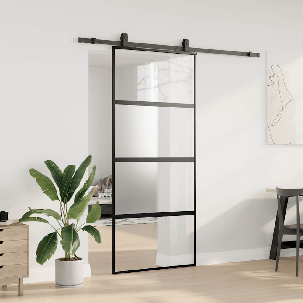 fekete edzett üveg tolóajtó fémszerelék szettel 90x205 cm