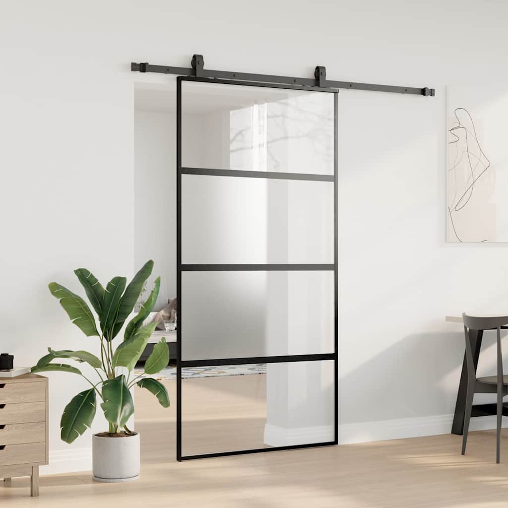 fekete edzett üveg tolóajtó fémszerelék szettel 102,5x205 cm