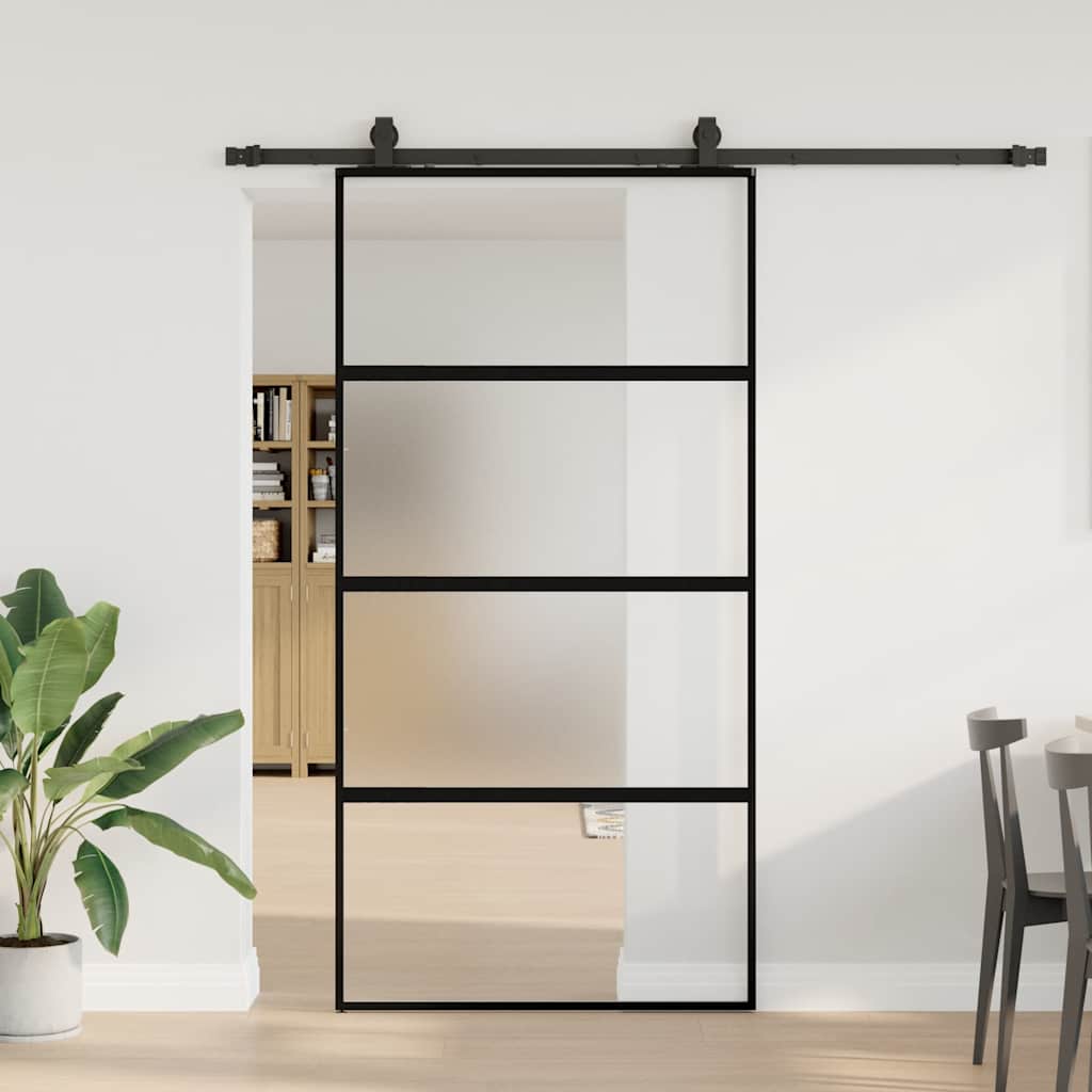 fekete edzett üveg tolóajtó fémszerelék szettel 102,5x205 cm