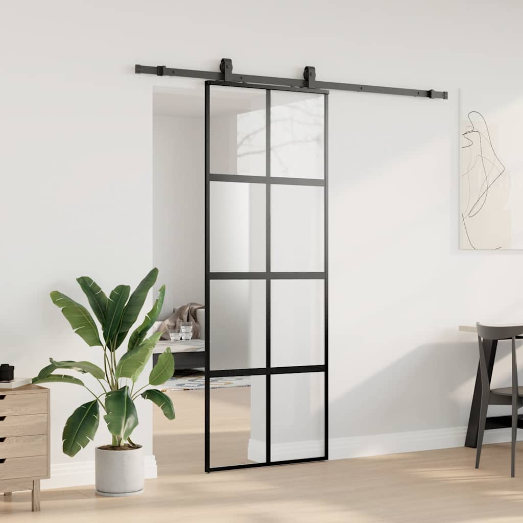 fekete edzett üveg tolóajtó fémszerelék szettel 76x205 cm