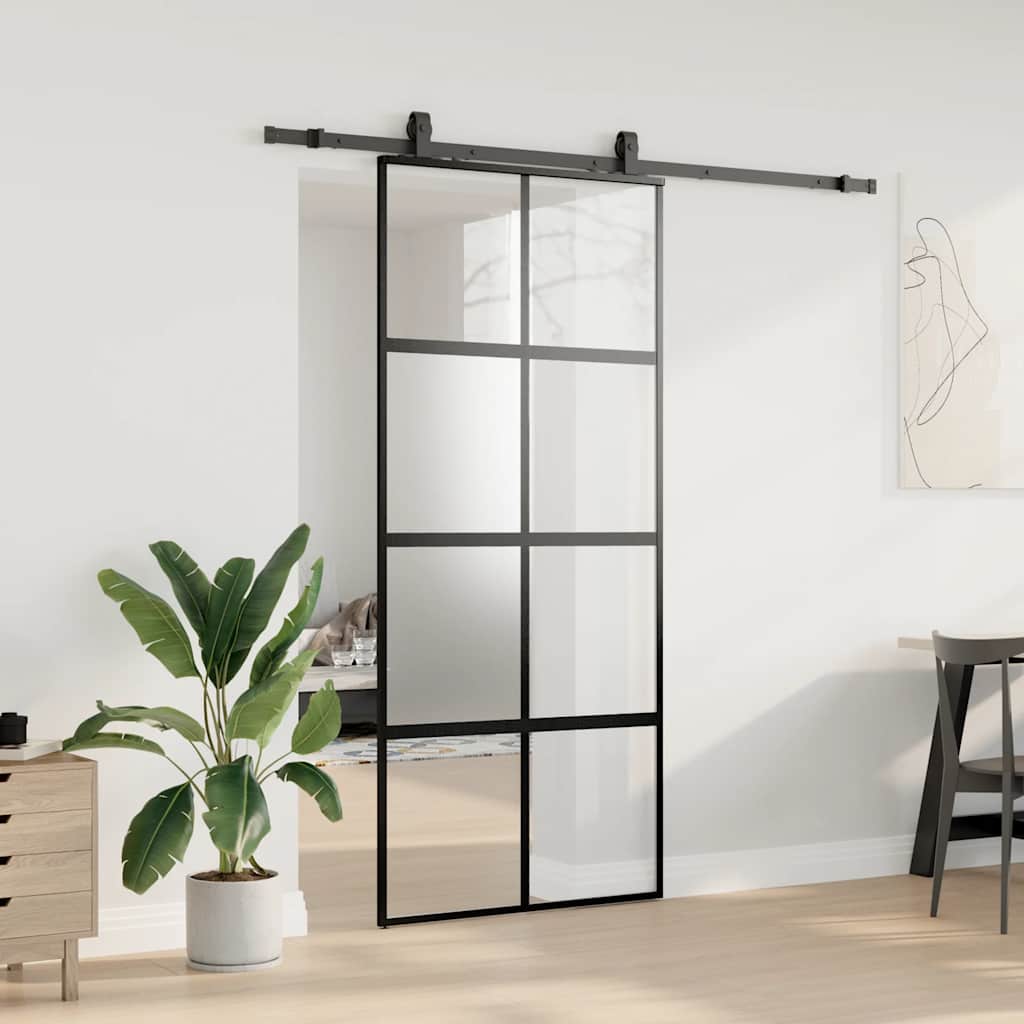 fekete edzett üveg tolóajtó fémszerelék szettel 90x205 cm