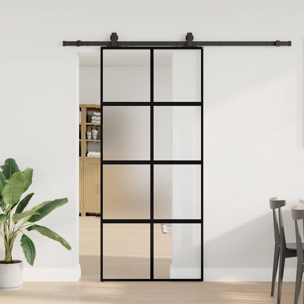 fekete edzett üveg tolóajtó fémszerelék szettel 90x205 cm