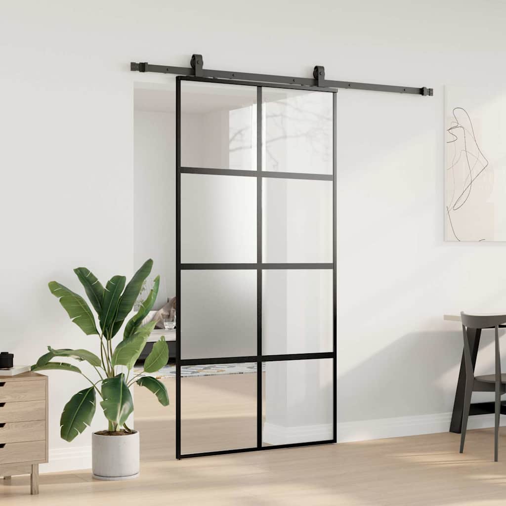 fekete edzett üveg tolóajtó fémszerelék szettel 102,5x205 cm