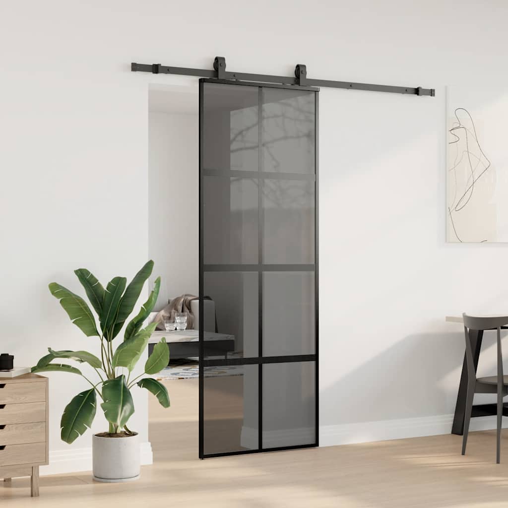 fekete edzett üveg tolóajtó fémszerelék szettel 76x205 cm