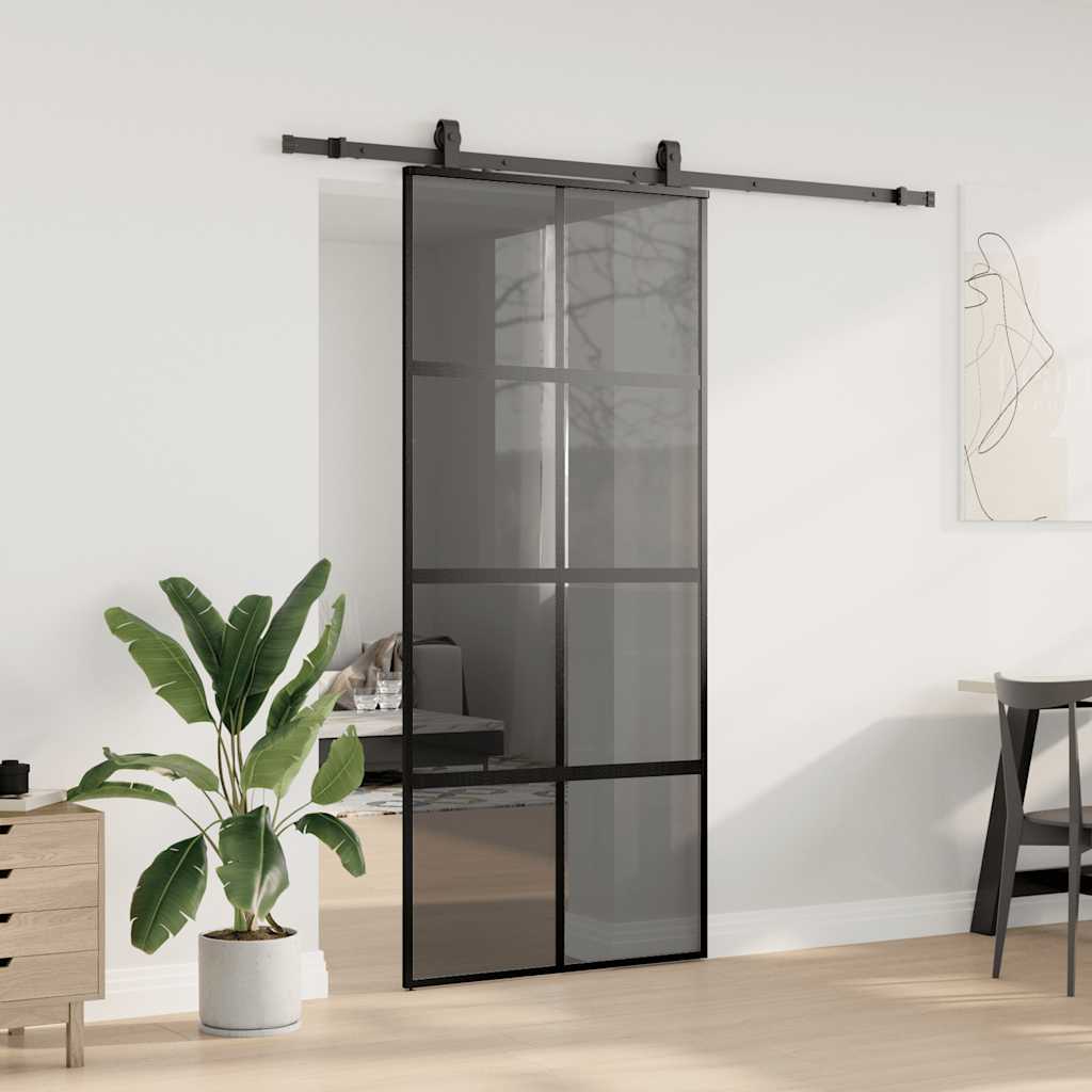 fekete edzett üveg tolóajtó fémszerelék szettel 90x205 cm
