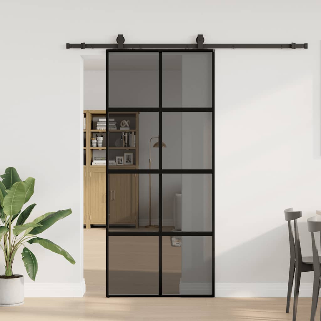 fekete edzett üveg tolóajtó fémszerelék szettel 90x205 cm