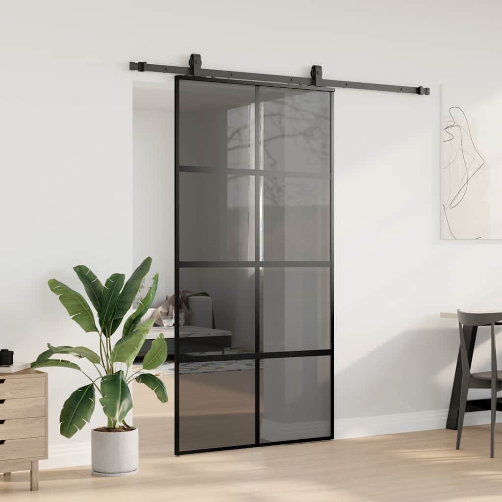 fekete edzett üveg tolóajtó fémszerelék szettel 102,5x205 cm