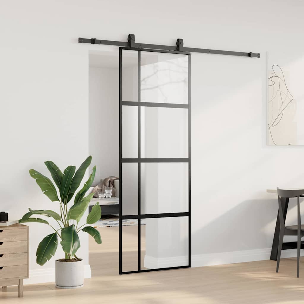 fekete edzett üveg tolóajtó fémszerelék szettel 76x205 cm