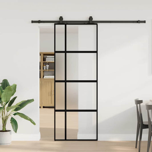 fekete edzett üveg tolóajtó fémszerelék szettel 76x205 cm