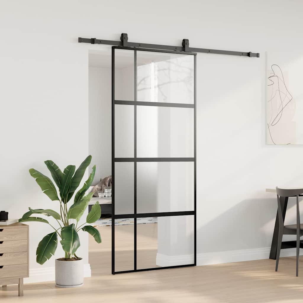 fekete edzett üveg tolóajtó fémszerelék szettel 90x205 cm