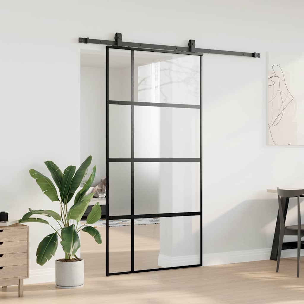 fekete edzett üveg tolóajtó fémszerelék szettel 102,5x205 cm