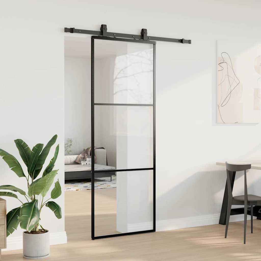 fekete ESG üveg tolóajtó fémszerelvény-szettel 76x205 cm