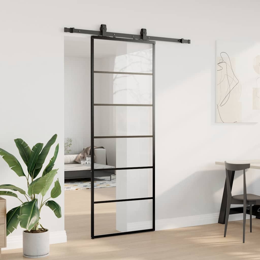 fekete ESG üveg tolóajtó fémszerelvény-szettel 76x205 cm