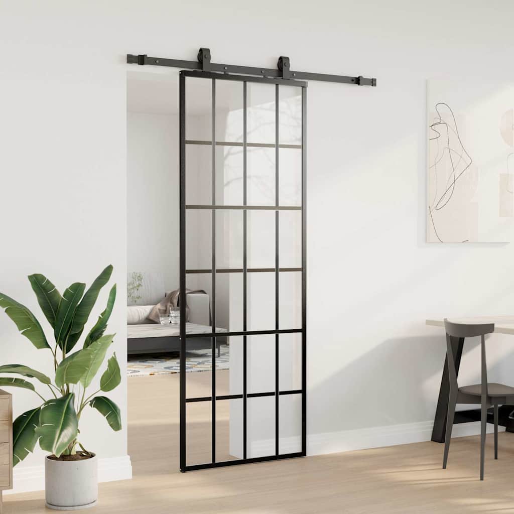 fekete ESG üveg tolóajtó fémszerelvény-szettel 76x205 cm