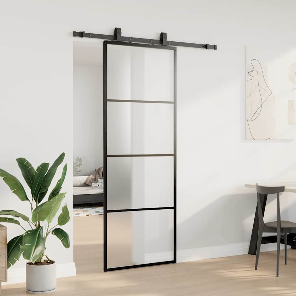 fekete ESG üveg tolóajtó fémszerelvény-szettel 76x205 cm