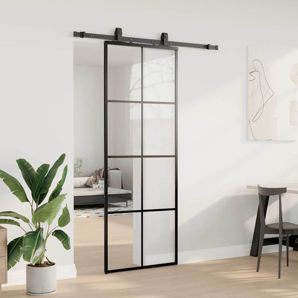 fekete ESG üveg tolóajtó fémszerelvény-szettel 76x205 cm