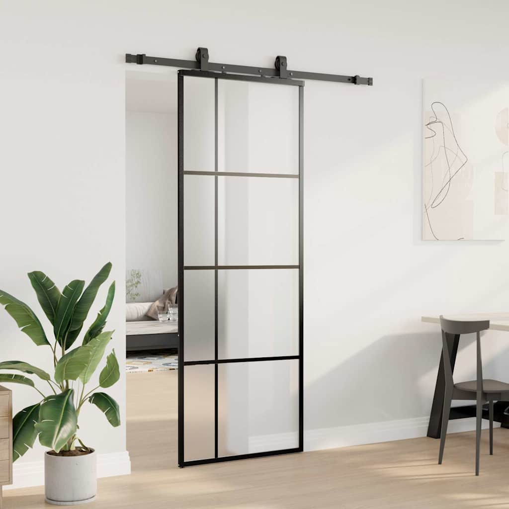 fekete ESG üveg tolóajtó fémszerelvény-szettel 76x205 cm