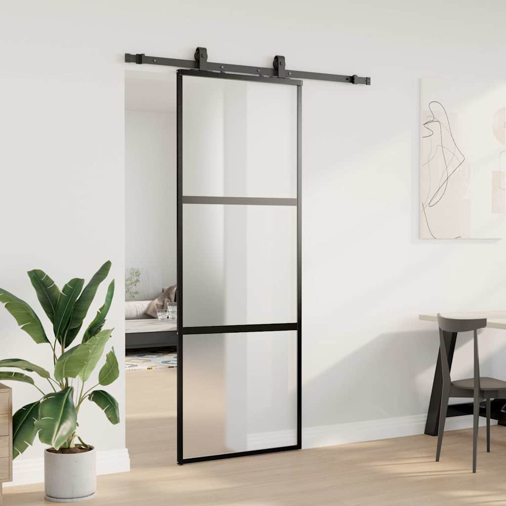 fekete edzett üveg tolóajtó fémszerelék szettel 76x205 cm