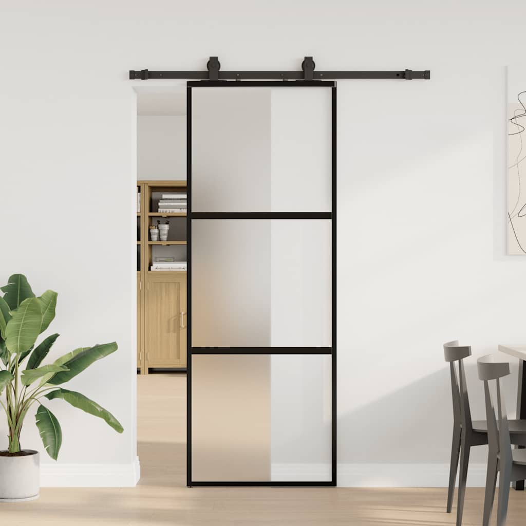 fekete edzett üveg tolóajtó fémszerelék szettel 76x205 cm
