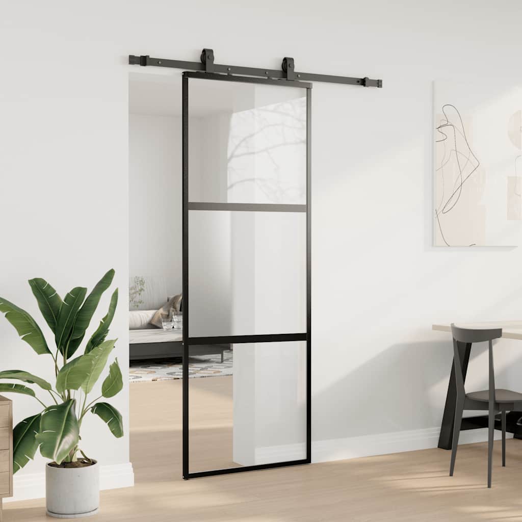 fekete edzett üveg tolóajtó fémszerelék szettel 76x205 cm