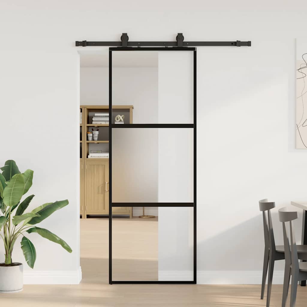 fekete edzett üveg tolóajtó fémszerelék szettel 76x205 cm