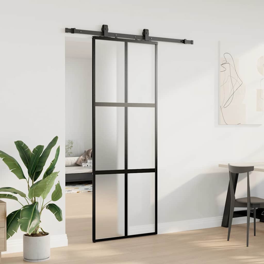 fekete edzett üveg tolóajtó fémszerelék szettel 76x205 cm