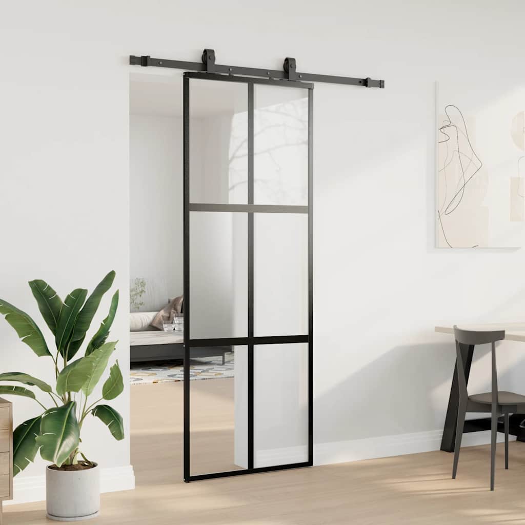 fekete edzett üveg tolóajtó fémszerelék szettel 76x205 cm