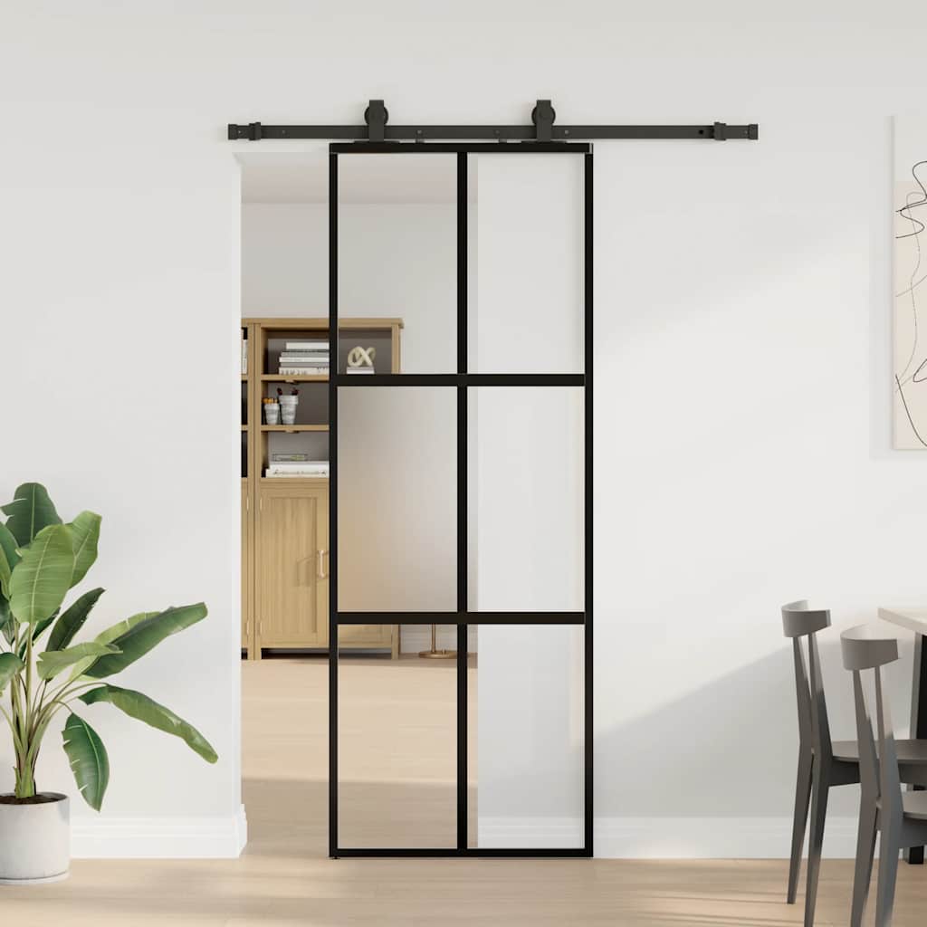 fekete edzett üveg tolóajtó fémszerelék szettel 76x205 cm