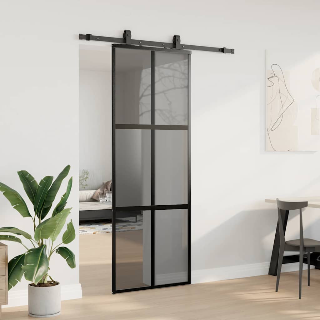 fekete edzett üveg tolóajtó fémszerelék szettel 76x205 cm