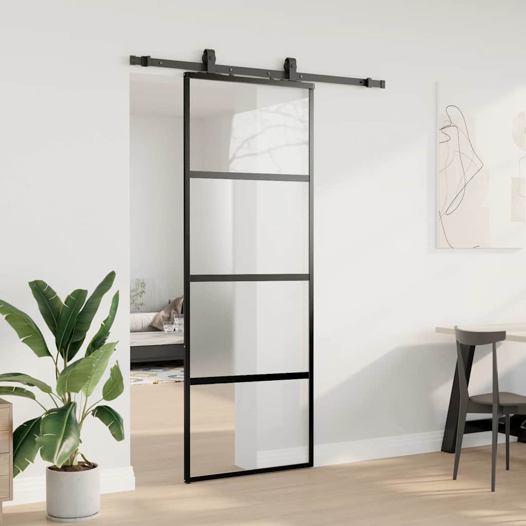 fekete edzett üveg tolóajtó fémszerelék szettel 76x205 cm
